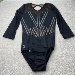 Sylvia P Black Rhinestone Mesh Competition Leotard Adult Small Short